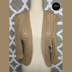 Cable & Gauge Tan Open Crochet Weave 3/4 Sleeve Open Front Cardigan Size L